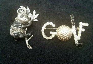 Panda and Golf pins Lot of 2  Brooch Silver Tone Black Rhinestones
